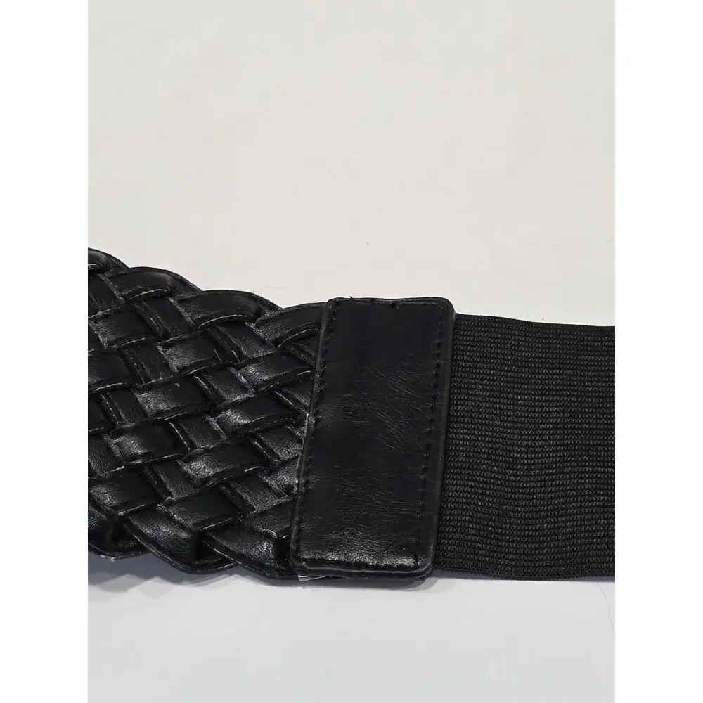 Goth Retro Women's size Small Wide Black Woven Waist Belt Double Buckle Stretch
